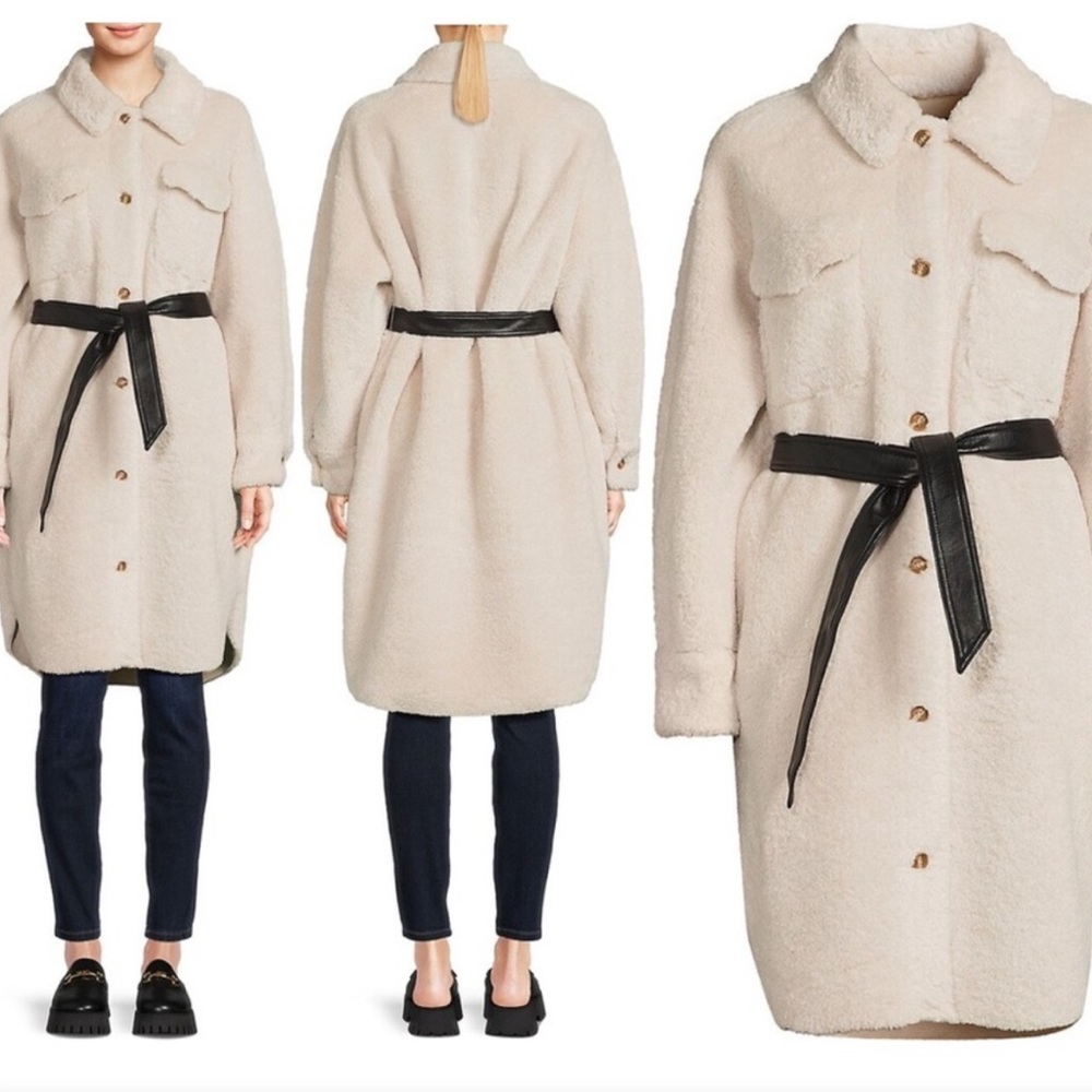 Maje Cream Teddy Jacket with Black Belt